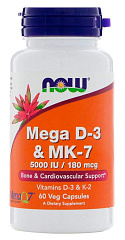 NOW Mega D-3 & K-2 Mk-7 5000 Me/180 мкг, 60 капс